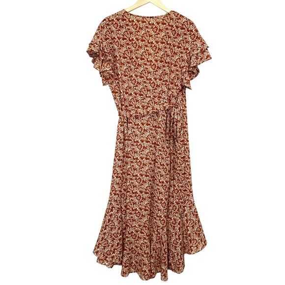 Max Studio Floral Maxi Wrap Dress Womens L Rust Red Boho Ruffles Cottagecore - Picture 6 of 10